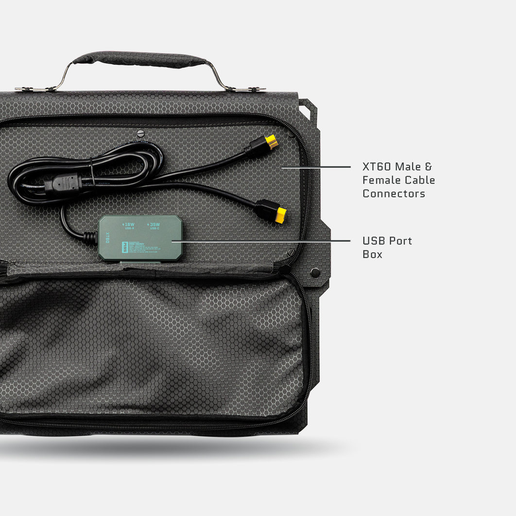 IPX7 waterproof Spectre 56W solar charger with XT60, USB-C, and USB-A outputs