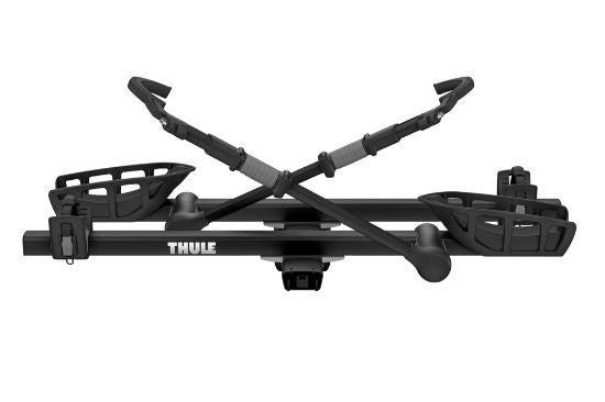 Close-up of Thule T2 Pro XT Add-On's frame-free ratcheting arm securing a bike without frame contact.