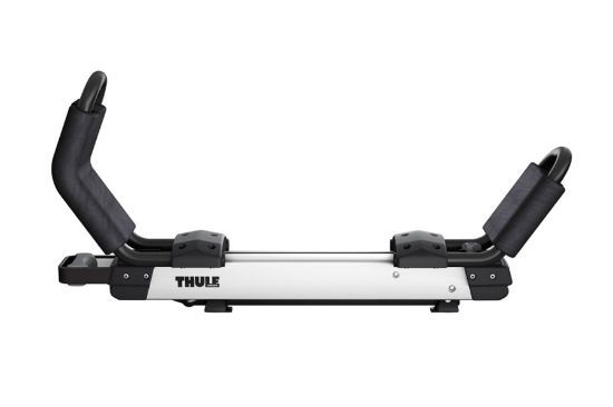 Single person lowering kayak with Thule Hullavator Pro gas-assist struts for waist-level loading