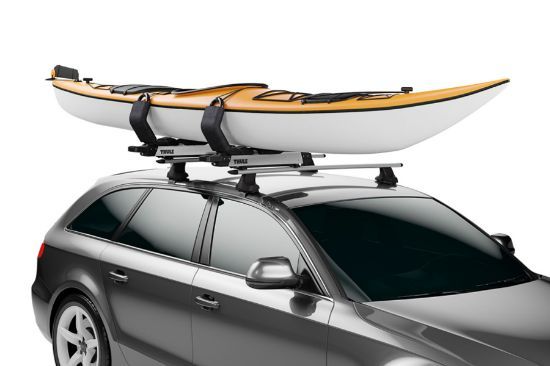 Padded cradle of Thule Hullavator Pro showing 8 touchpoints for kayak protection