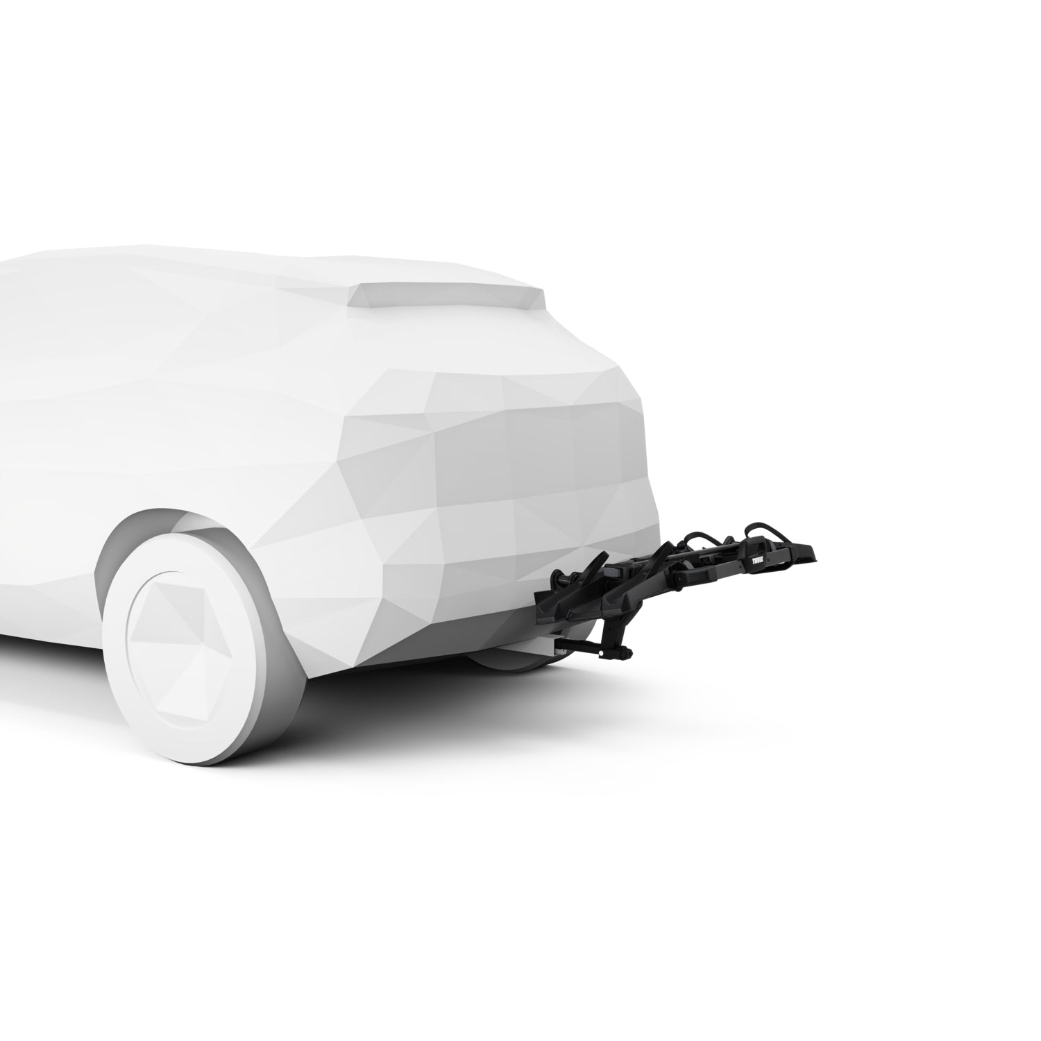 Folding Thule bike rack with stowed tilt-up design for minimal rear footprint