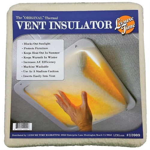 Vent insulator packaging with a hand holding it, showing features on a white background.