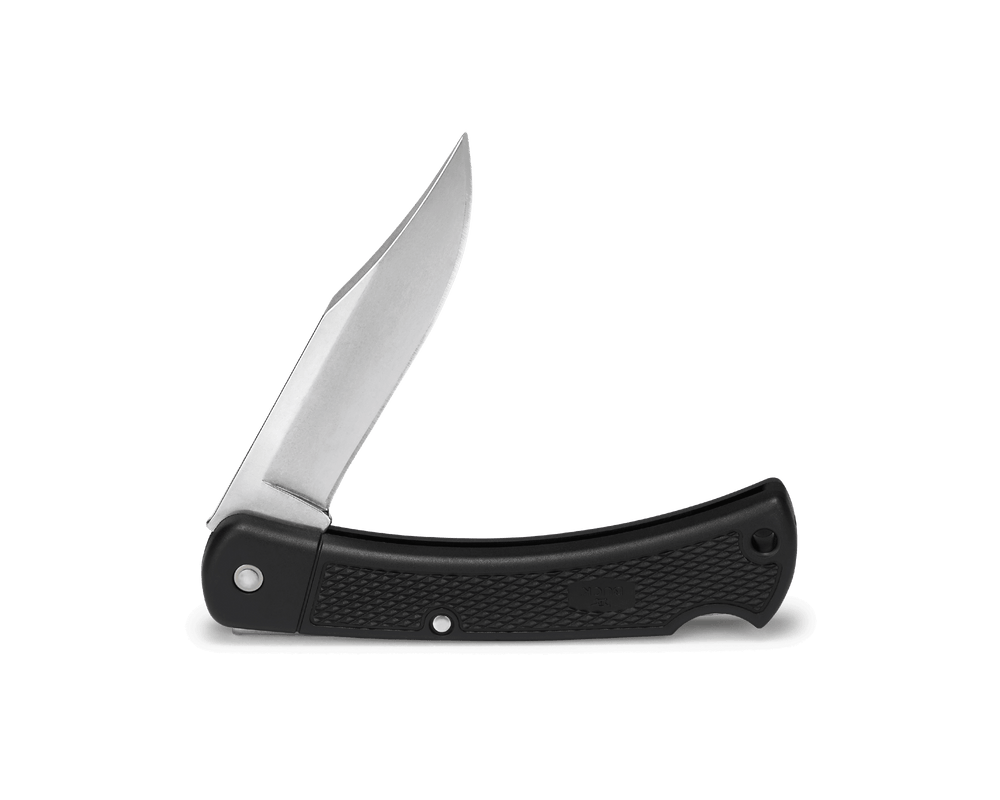 Buck 110 LT folding knife showing 420HC steel clip blade and nail notch