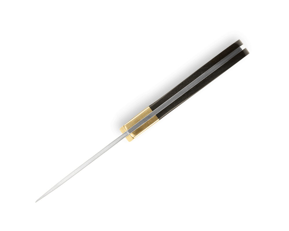 Compact skinning knife with genuine ebony handle and brass bolster