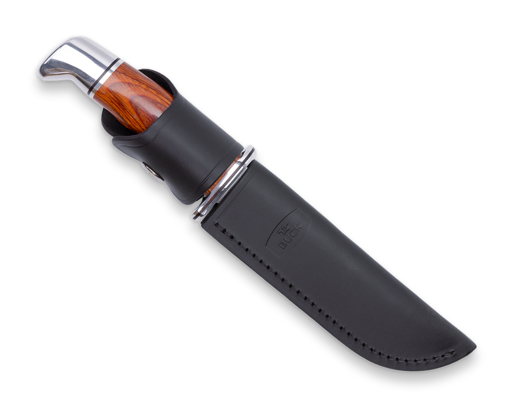Knife with wooden handle and black sheath on a white background