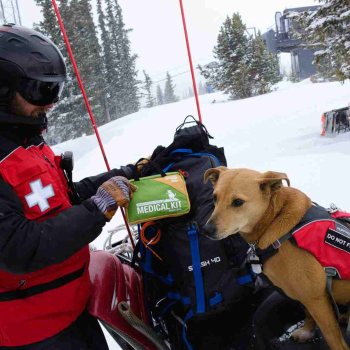 Compact Trail Dog dog first aid kit in red weather-resistant bag