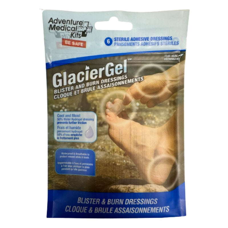 GlacierGel blister and burn kit, including small rectangular and large oval dressings, alcohol swabs, and instructions.