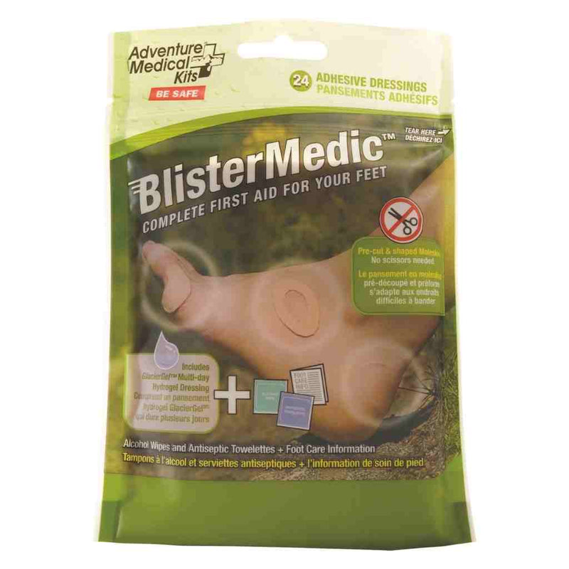 Blister Medic kit with moleskin protection, GlacierGel dressings, alcohol pads, and antiseptic wipes for blister prevention and healing