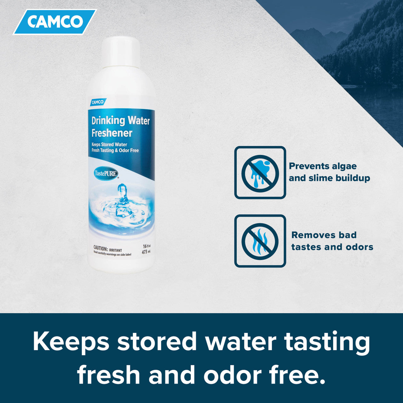 Camco TastePURE Water Freshener eliminates bad smells and taste from 20 gallons of water