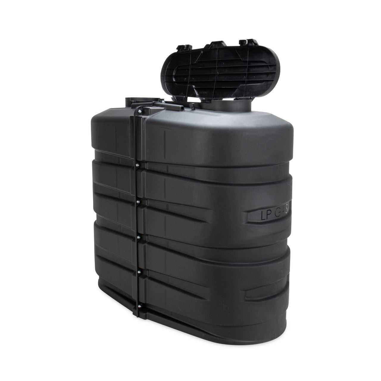 Black Camco RV propane tank cover protecting two 30 lb steel propane tanks, made of heavy-duty, UV-resistant polymer.