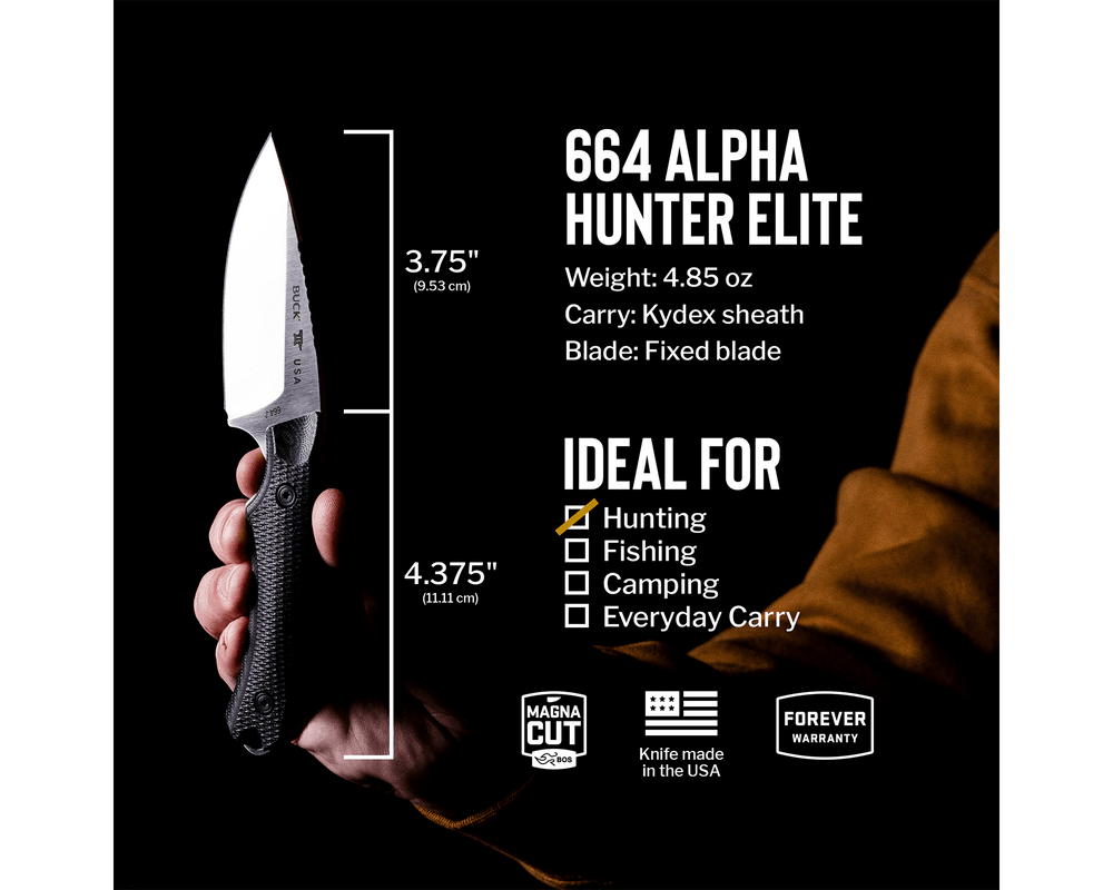 High-ground drop point blade designed for smooth cutting and field dressing