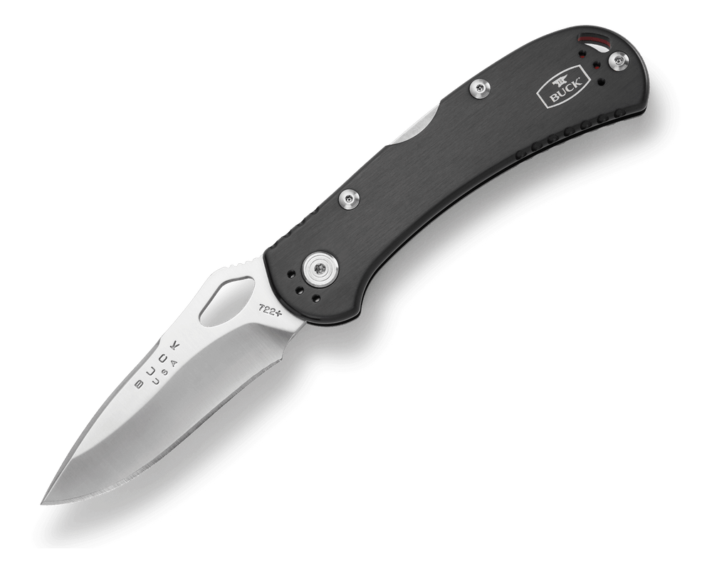 Spitfire pocket knife with drop point 420HC steel blade and black anodized aluminum handle