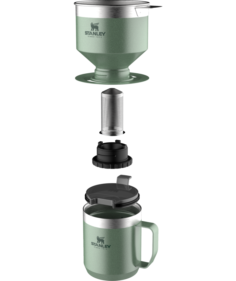 Stainless-steel coffee maker and Camp Mug in use, showcasing an eco-friendly coffee brewing setup