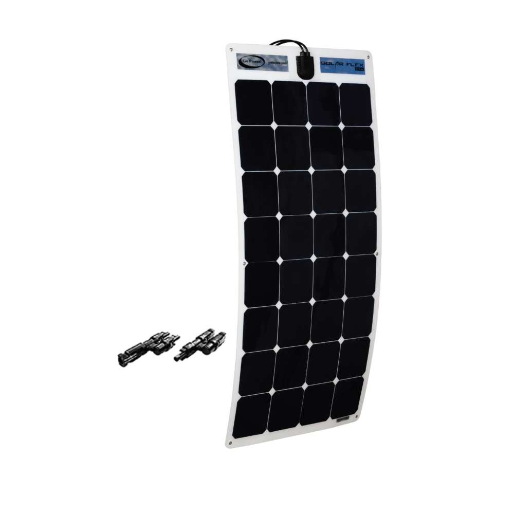 Go Power! 110-Watt Solar Flex™ panel, a thin and lightweight monocrystalline solar panel designed for RVs, boats, and work trucks. Features a flexible, low-profile design for easy installation on curved surfaces.
