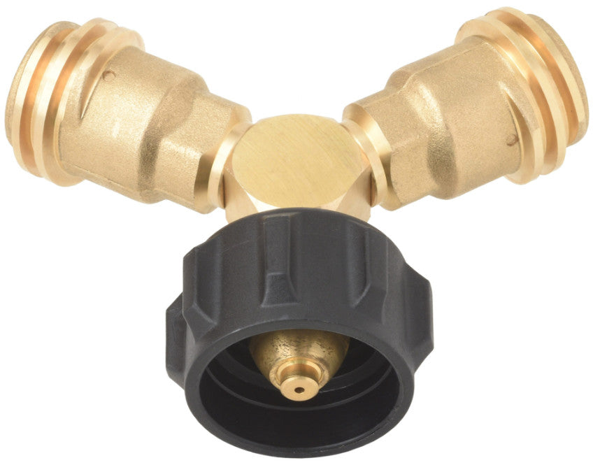 Solid brass Y-splitter propane adapter with dual outlets