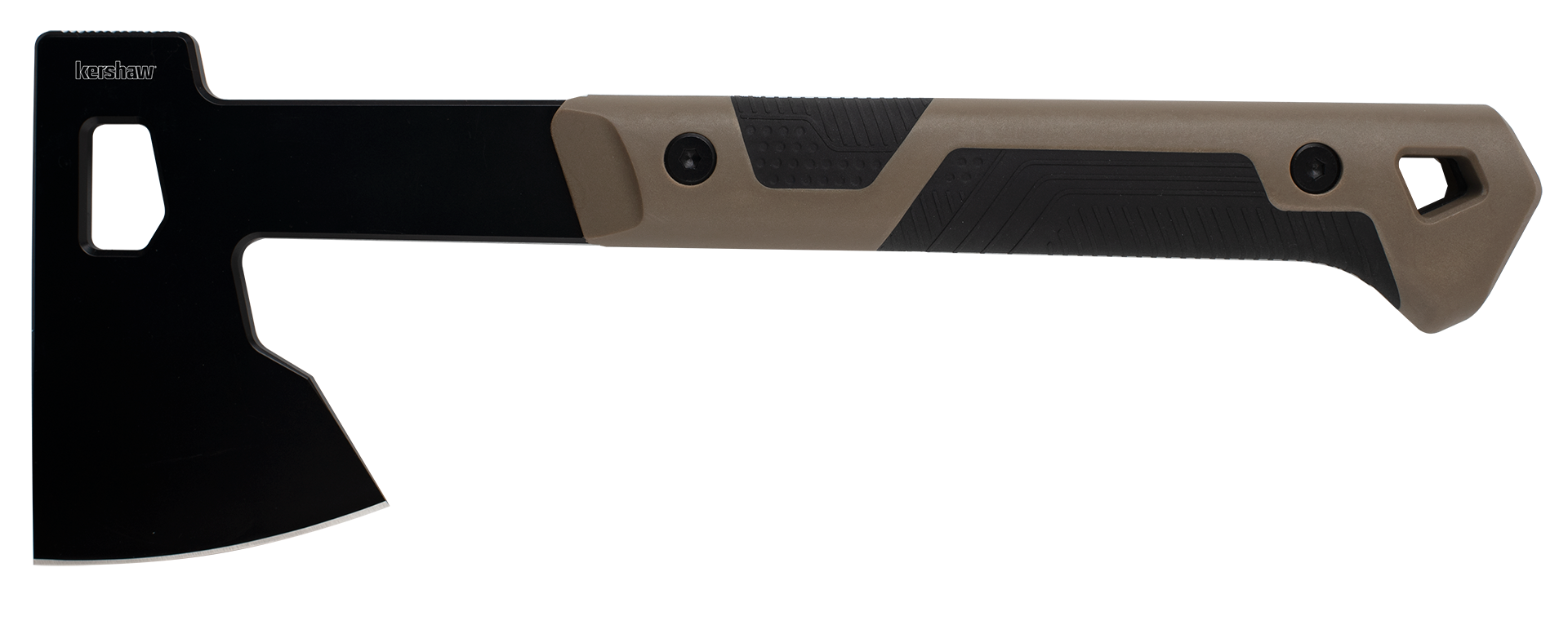 Kershaw Deschutes full-tang camp axe with black oxide steel head, tan ergonomic handle, and protective sheath