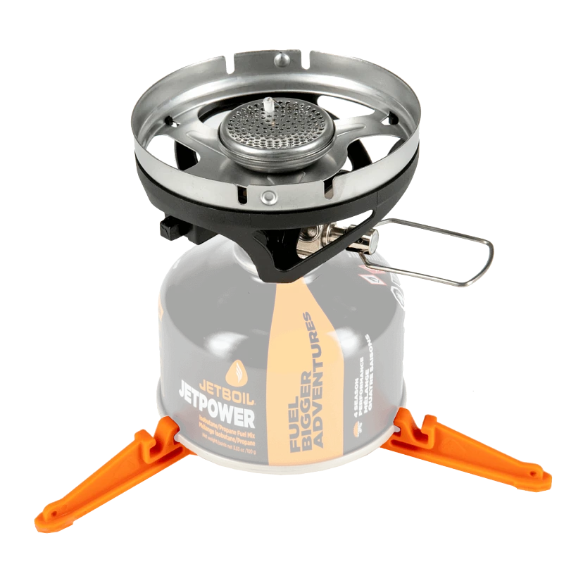 Jetboil MicroMo cooking system boiling water outdoors on a camping trip with efficient fuel use