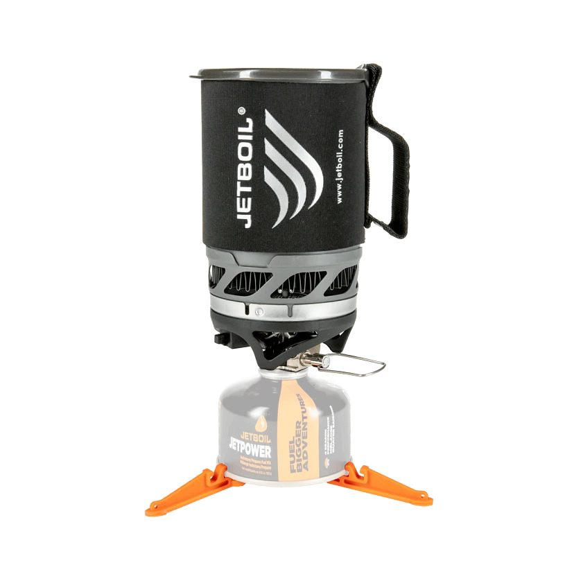 Jetboil MicroMo portable camping stove system with FluxRing cooking cup and insulating cozy in Tamale color