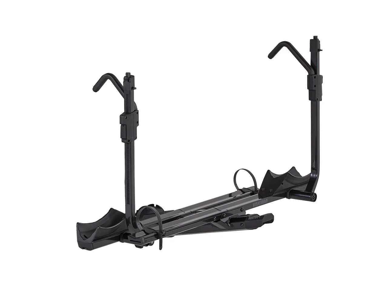 A heavy-duty hitch-mounted bike rack with innovative features for easy transport.