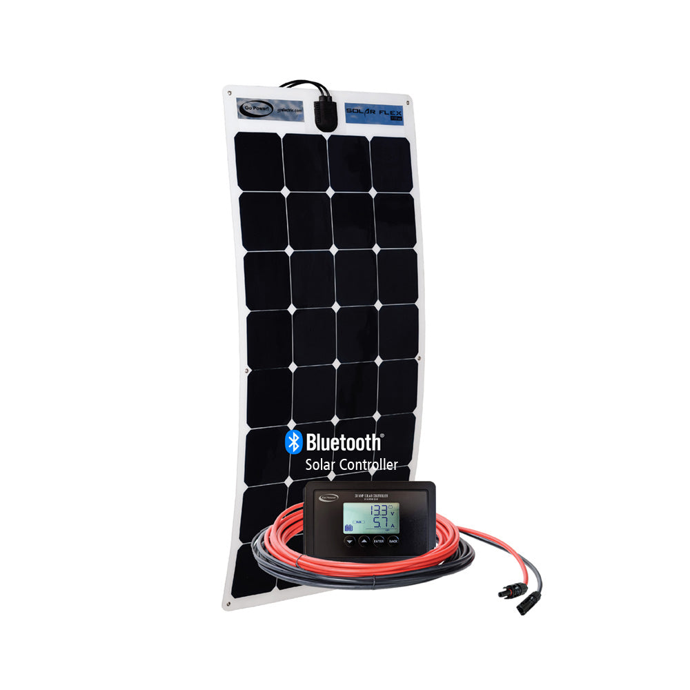 Go Power! 110-Watt Solar Flex™ panel, a thin and lightweight monocrystalline solar panel designed for RVs, boats, and work trucks. Features a flexible, low-profile design for easy installation on curved surfaces.