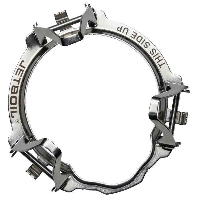 A detailed close-up of the Jetboil Pot Support 2.0’s foldable support arms, showing their sturdy design for accommodating traditional pots and pans.