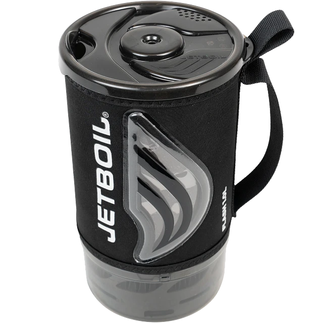 Jetboil Flash 1.0L system displayed alongside compatible accessories such as the Silicone Coffee Press, Hanging Kit 2.0, Pot Support 2.0, Summit Skillet, and 1.5L Ceramic Cook Pot, showcasing its versatility.