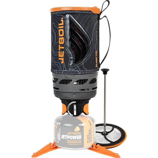 The Jetboil Flash Java 1.0L cooking system in Topo color, featuring a tall 1.0L FluxRing cooking cup with an insulating cozy. The Jetboil logo is displayed on the side, and the lid is securely placed on top.