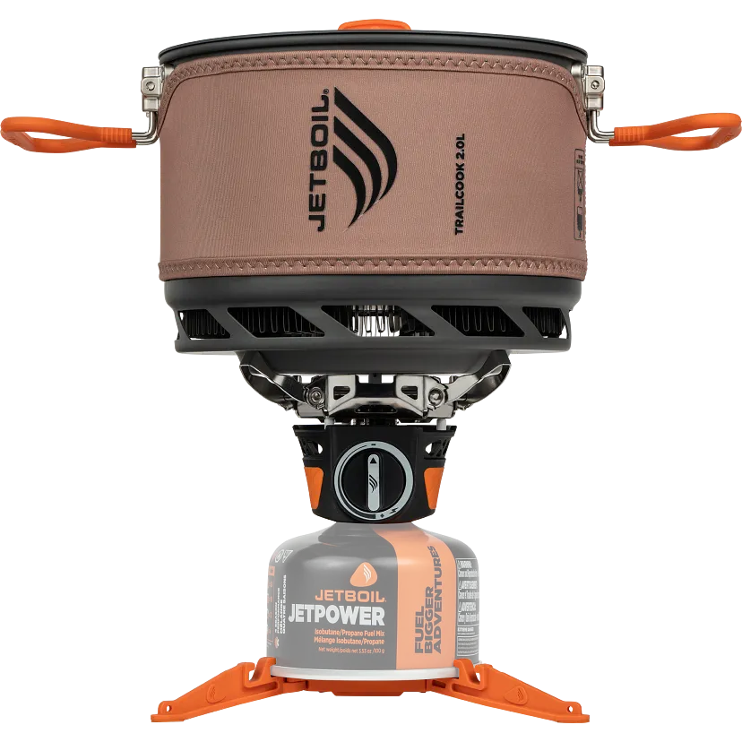 Jetboil TrailCook 2.0L camping cooking system in tan with FluxRing ceramic-coated pot