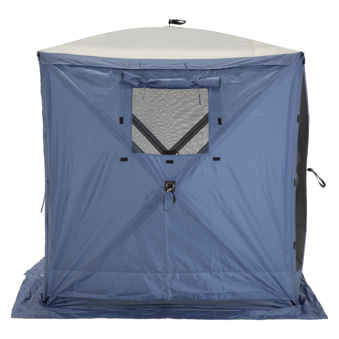 Blue outdoor shelter with a white top on a white background