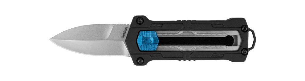 Kershaw Kapsule knife with black glass-filled nylon handle and stonewashed spear point blade, designed by Jens Ans