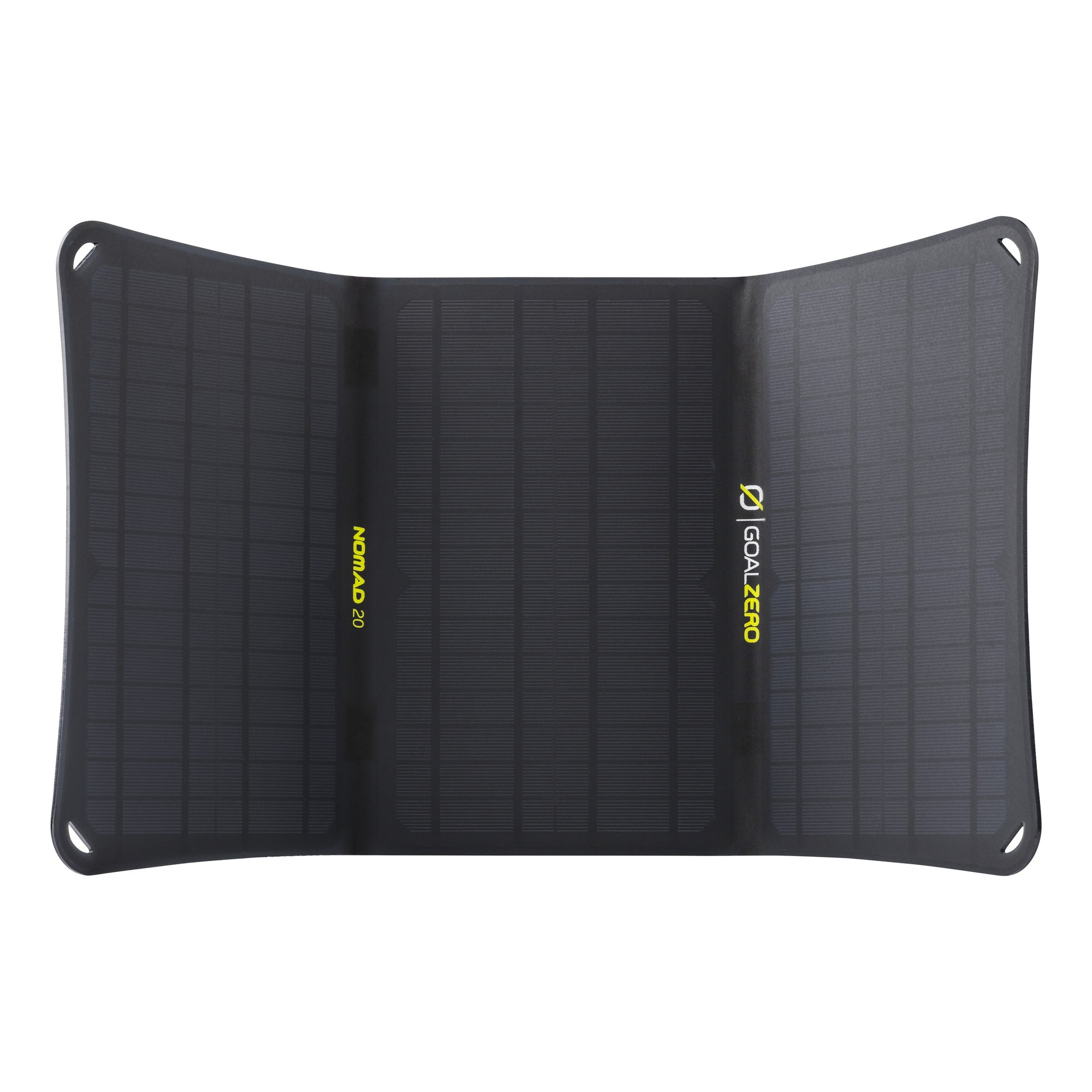 Nomad 20 monocrystalline portable solar panel with 8 mm and USB output ports for charging devices.