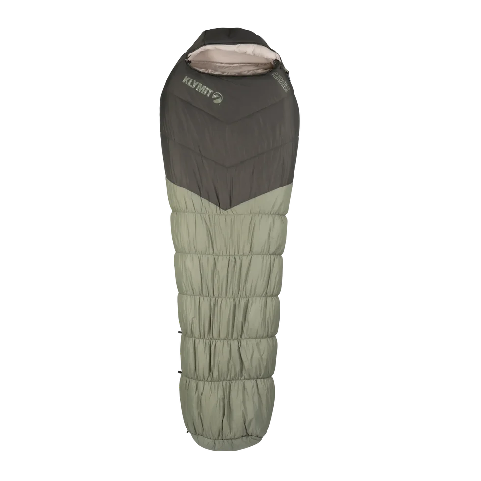The Sojourn Stretch 0 sleeping bag fully extended, displaying its mummy-style design, adjustable hood, and stretch baffles for warmth and flexibility.