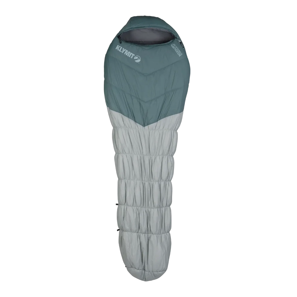 The Sojourn Stretch 20 sleeping bag fully extended, showcasing its mummy-style design, stretch baffles, and insulated hood for three-season camping comfort.
