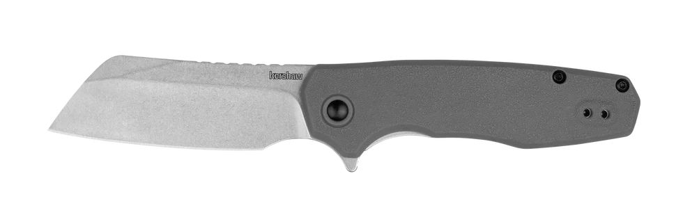 Folding knife with a gray handle and blade on a white background