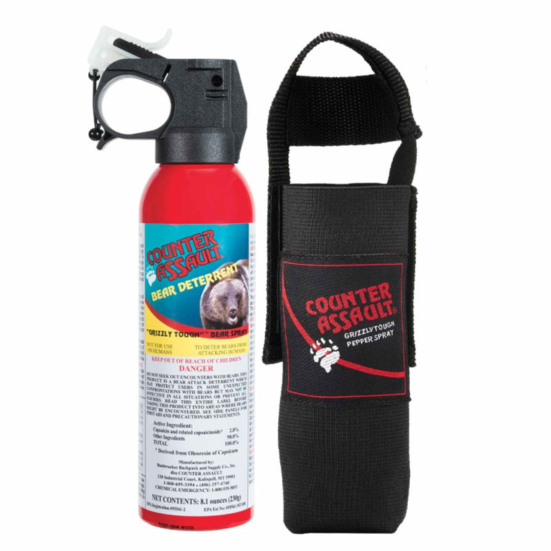 8.1 oz. bear deterrent canister featuring a 32-foot spray distance and 7-second spray duration.
