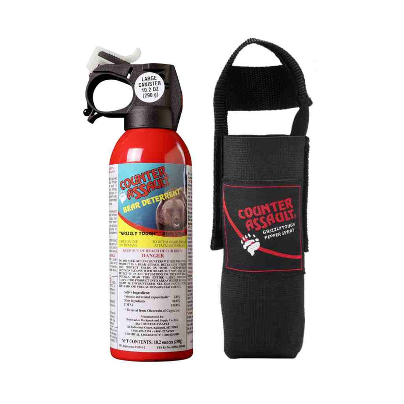 10.2 oz. bear deterrent spray canister with 40-foot spray distance and 8-second spray duration.