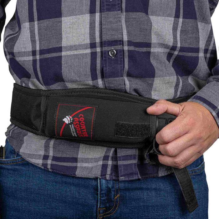 Bear Spray Waist Holster worn on the front – Demonstrates how the holster can be worn on the front for quick access.
