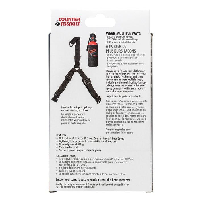 Multi-use bear spray holster for chest, belt, or backpack