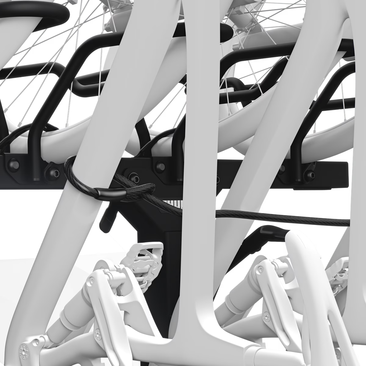 Close-up of a bicycle frame with a focus on the structure and components.