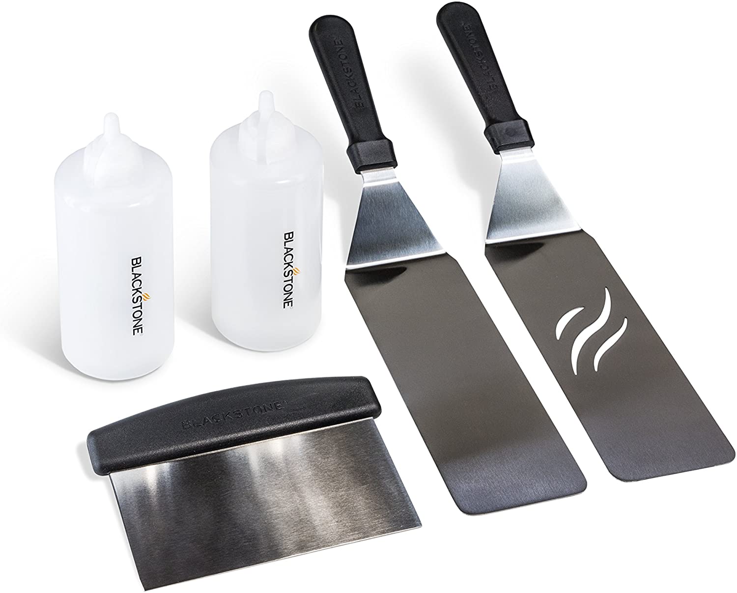 Set of Blackstone spatulas and bottles on a white background