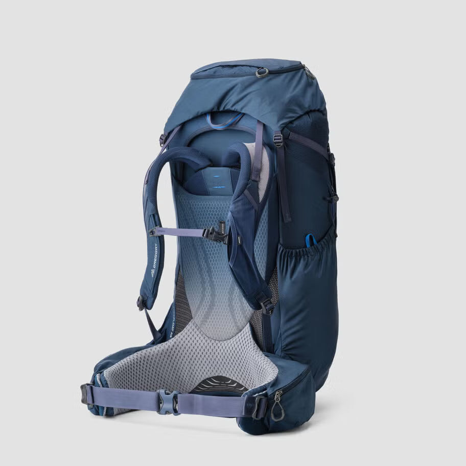 Baltoro 65 Stellar Blue backpack showing front storage pockets