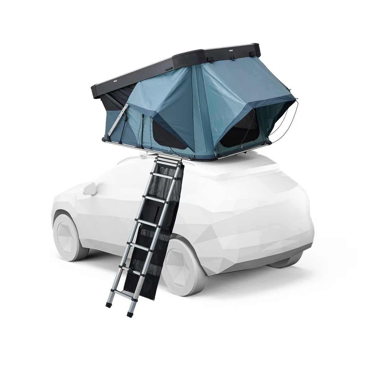 Thule Widesky rooftop tent rainfly protecting side door from rain