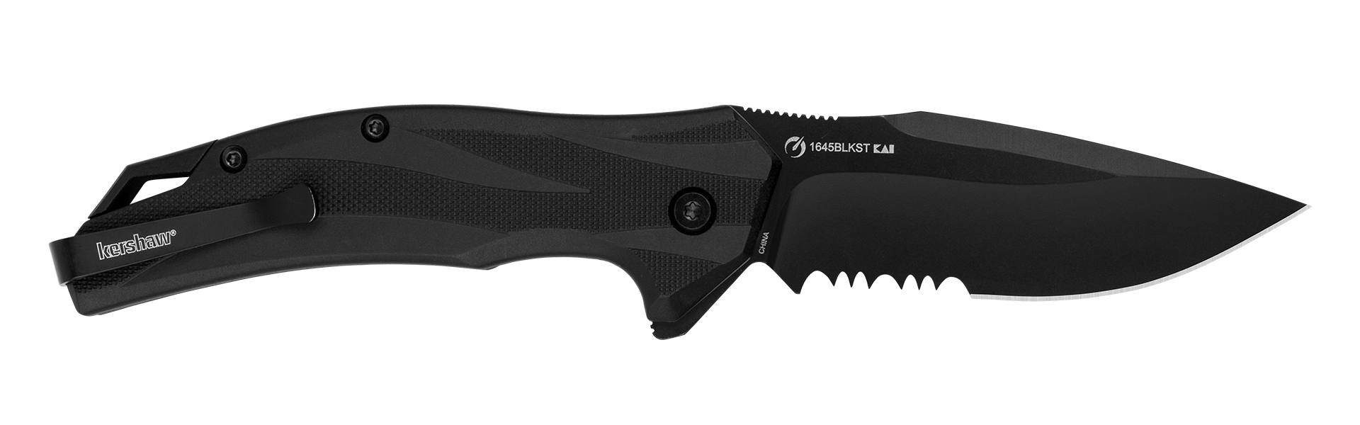 Kershaw Lateral all-black work pocketknife with partial serrations