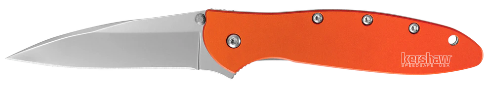 Folding knife with orange handle and silver blade, featuring the Kershaw brand.