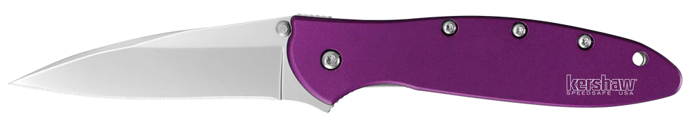 Folding knife with a purple handle and silver blade on a white background