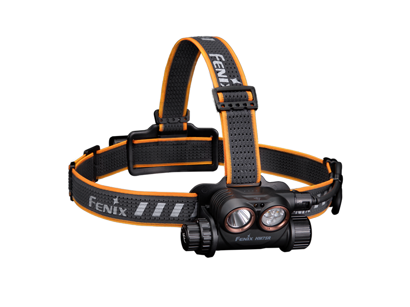 Fenix HM75R Rechargeable Headlamp with external Power Extender, showcasing the headlamp, battery case, and included extension cable.