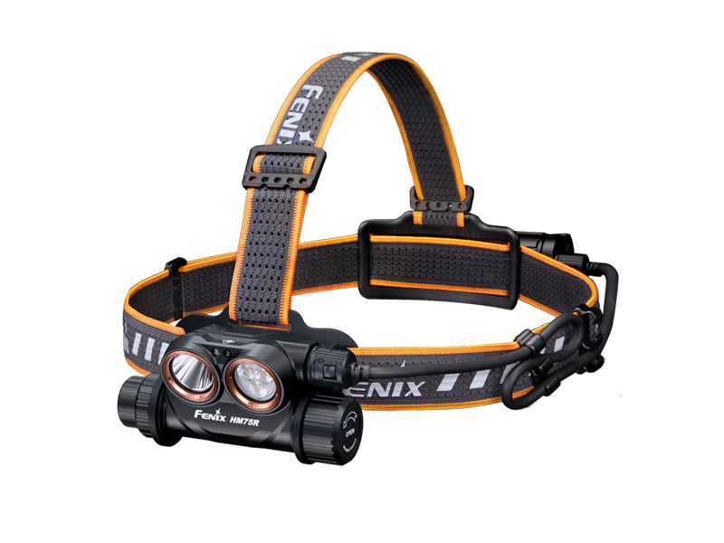 "Fenix HM75R Headlamp featuring three lighting options: spotlight, floodlight, and red light. Rotary and button combo switch visible