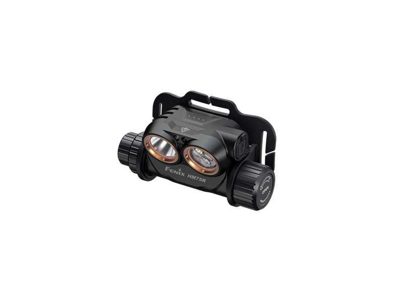 Fenix HM75R Headlamp featuring three lighting options: spotlight, floodlight, and red light. Rotary and button combo switch visible