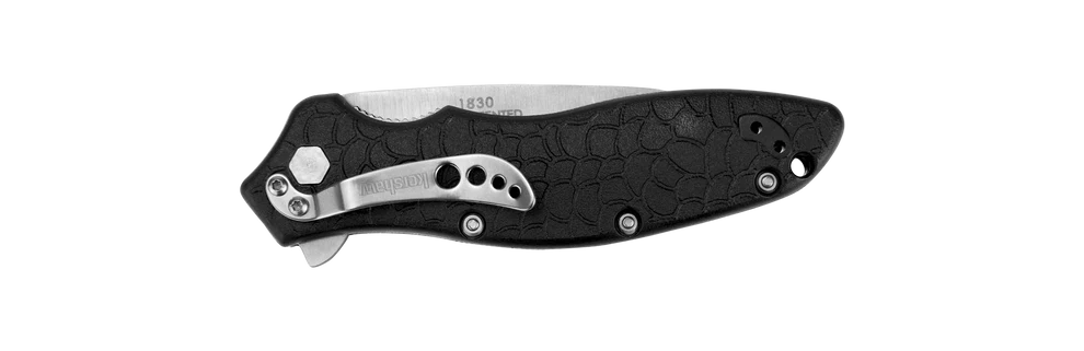 Close-up of satin-finished 8Cr13MoV drop point blade on the Kershaw Oso Sweet pocketknife