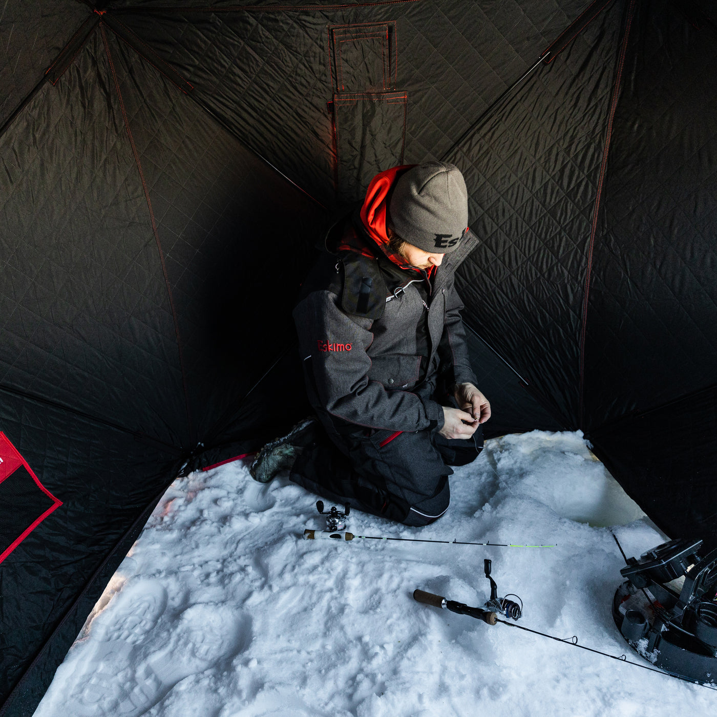 The QuickFish 2i ice shelter collapsed and stored in its included carrying bag for easy transport